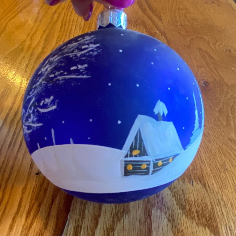 Vintage Poland Hand Painted Blue Glass Christmas Ornament Winter Village Cabin